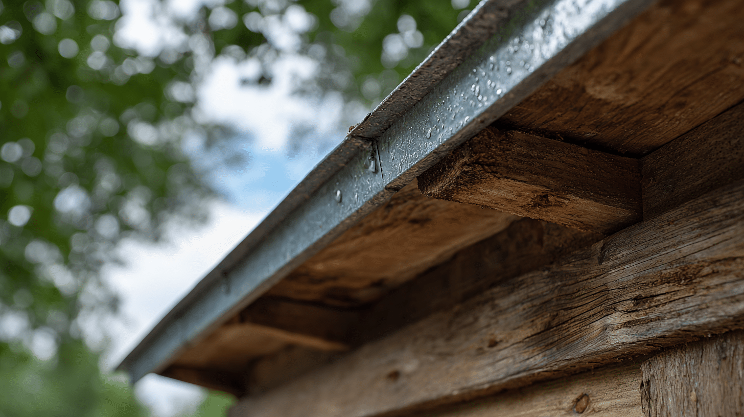 A close up shot shows a metal drip edge fitted along the wooden roof overhang of a shed with water droplets visible.