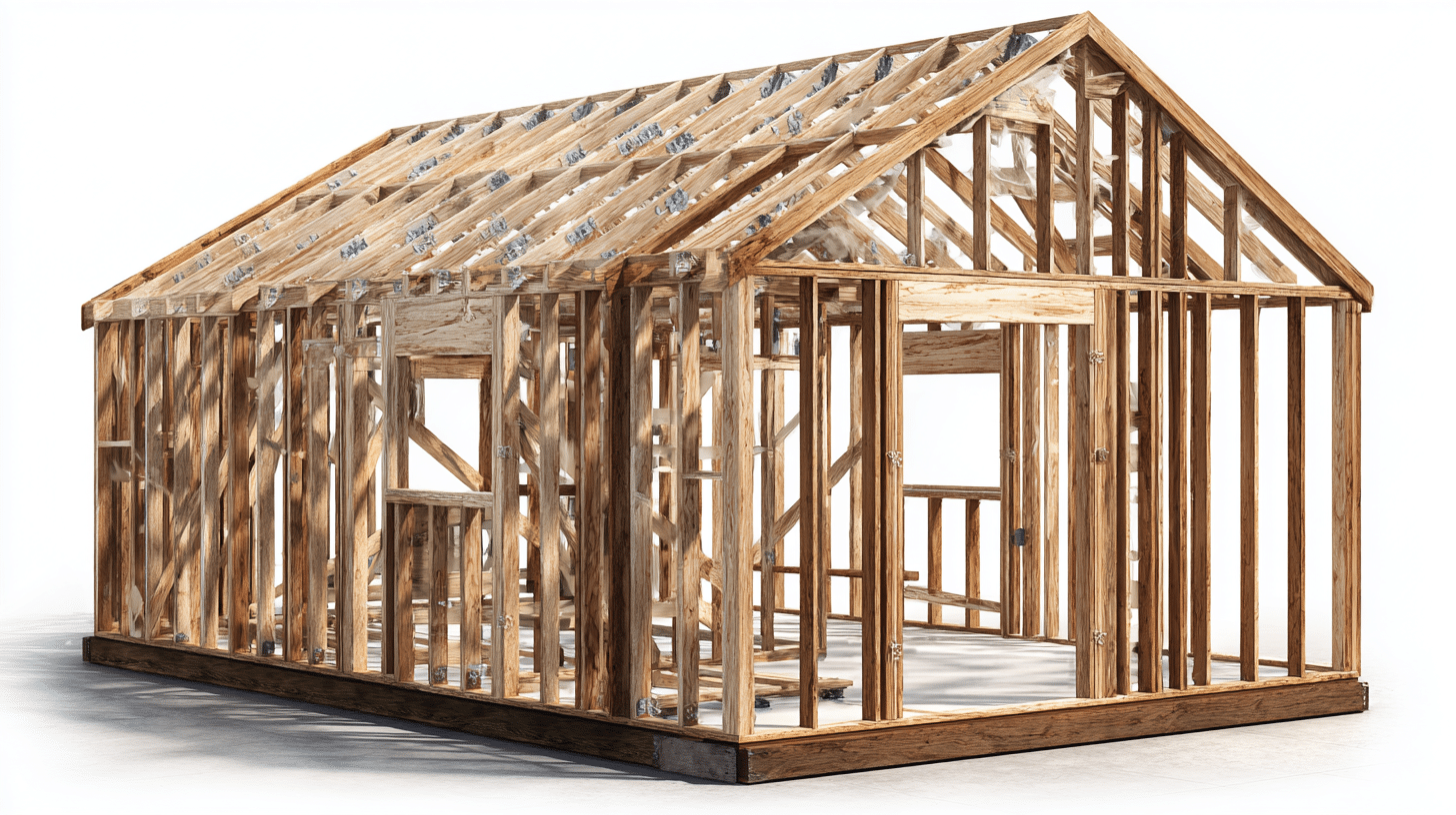 A complete wooden shed frame with wall studs, roof rafters, door opening, and window openings stands against a white background