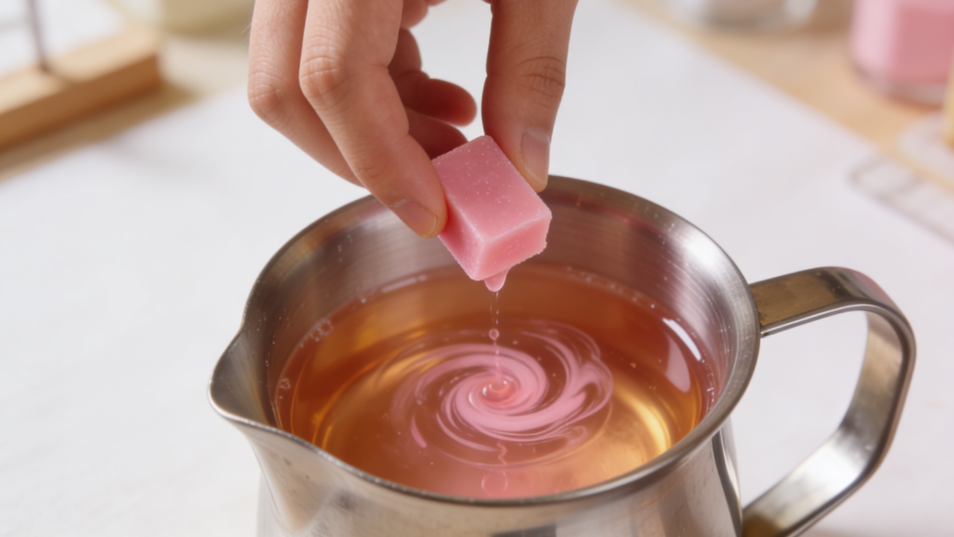 A drop of pink candle dye dissolving in swirling ribbons through clear melted wax inside a stainless steel pouring pitcher..