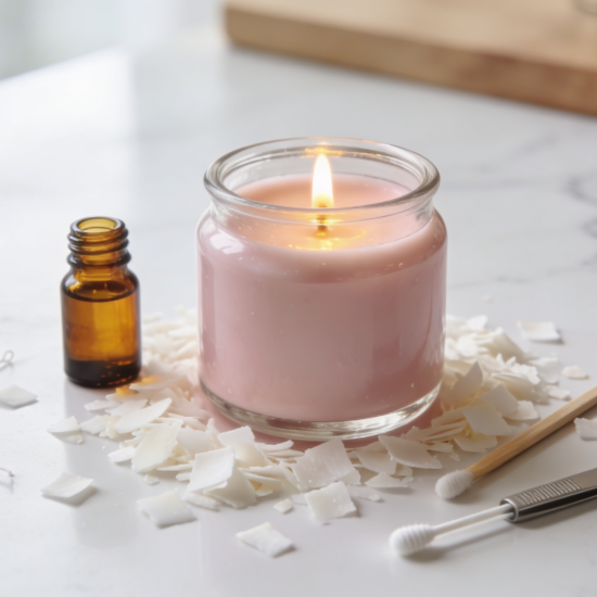 A finished pale pink handmade candle in a glass jar surrounded by candle-making supplies including wax flakes, fragrance oil, and a wooden stirring stick on a white marble surface.