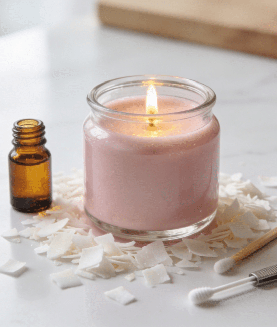 A finished pale pink handmade candle in a glass jar surrounded by candle-making supplies including wax flakes, fragrance oil, and a wooden stirring stick on a white marble surface.