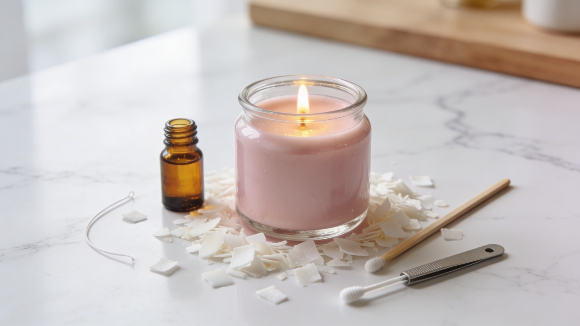 A finished pale pink handmade candle in a glass jar surrounded by candle-making supplies including wax flakes, fragrance oil, and a wooden stirring stick on a white marble surface.