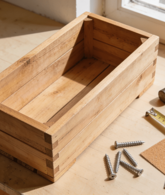 A finished wooden planter box with tools arranged on a workbench.