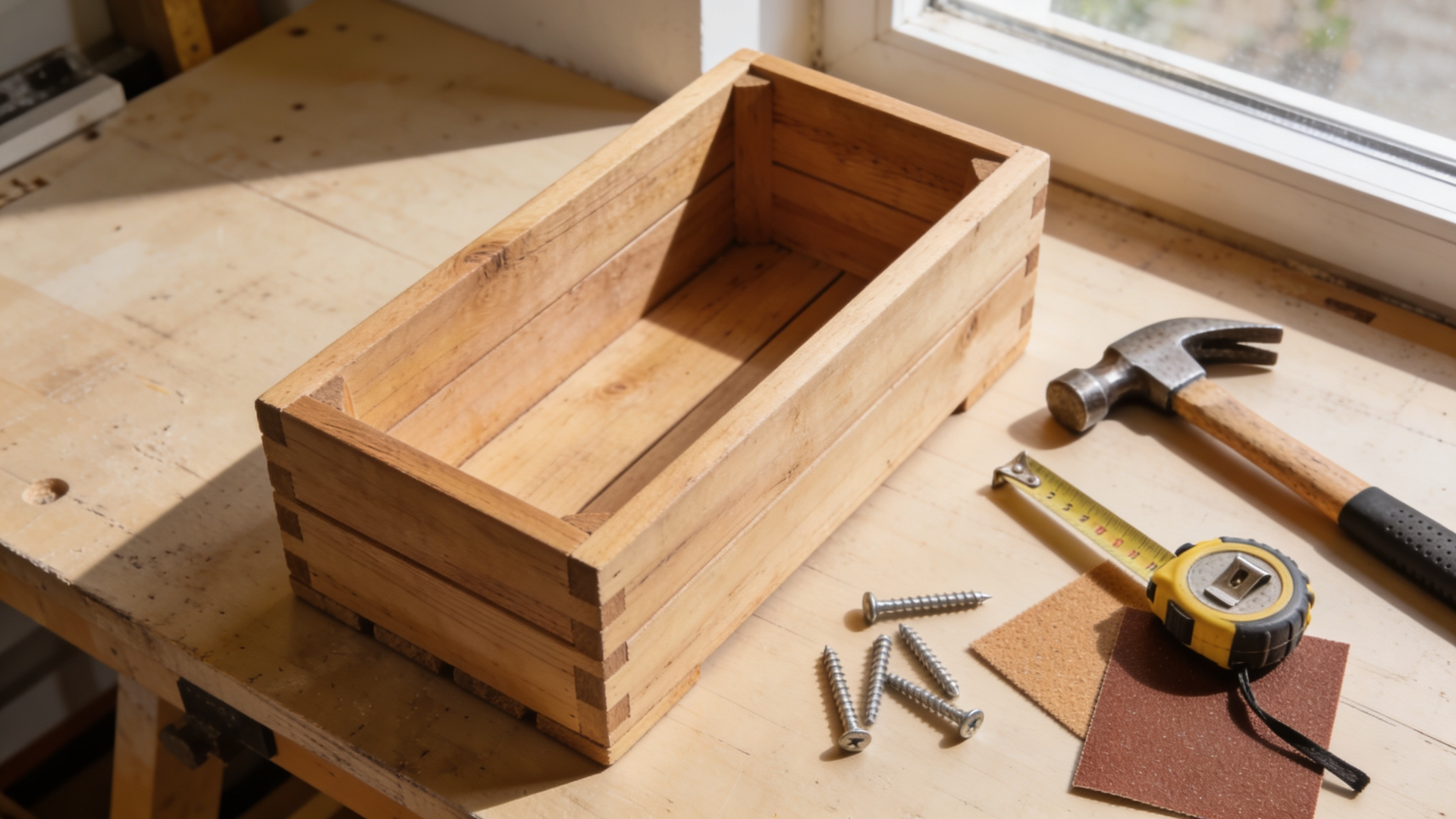 A finished wooden planter box with tools arranged on a workbench.