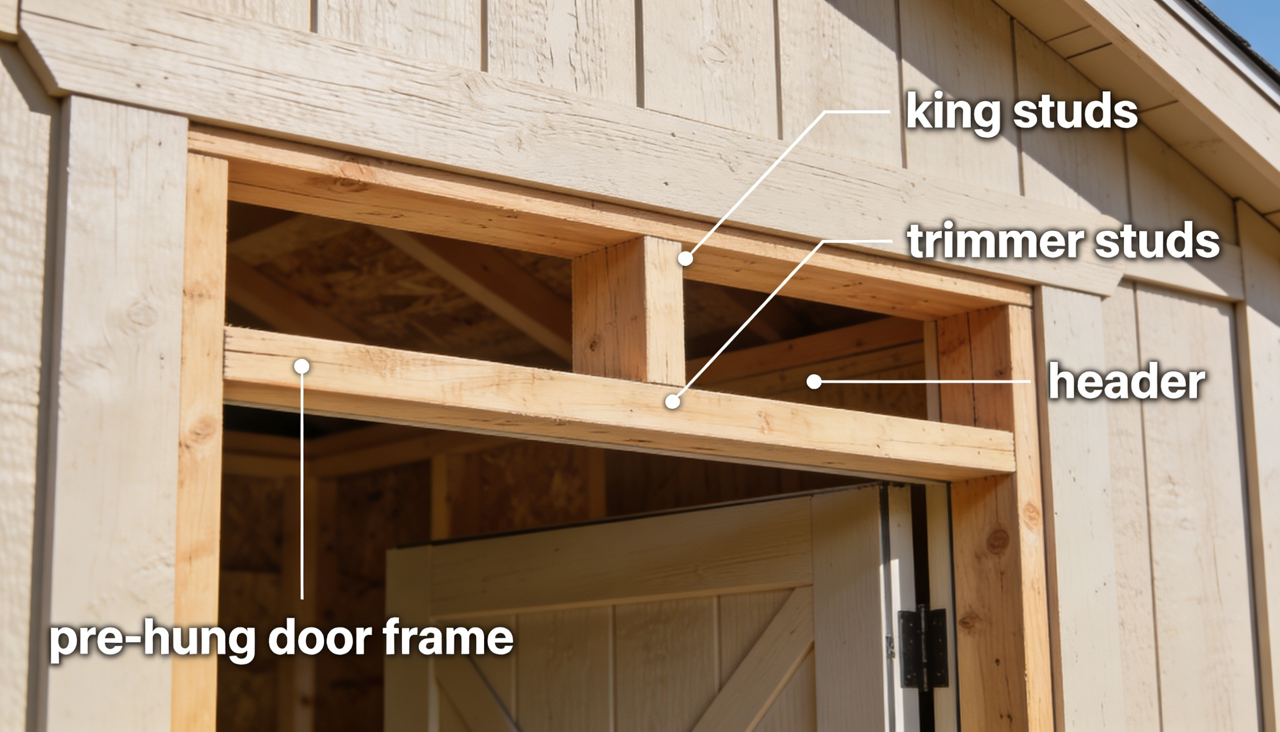 A labeled diagram shows the king studs, trimmer studs, header, and pre-hung door frame on a shed door opening under construction