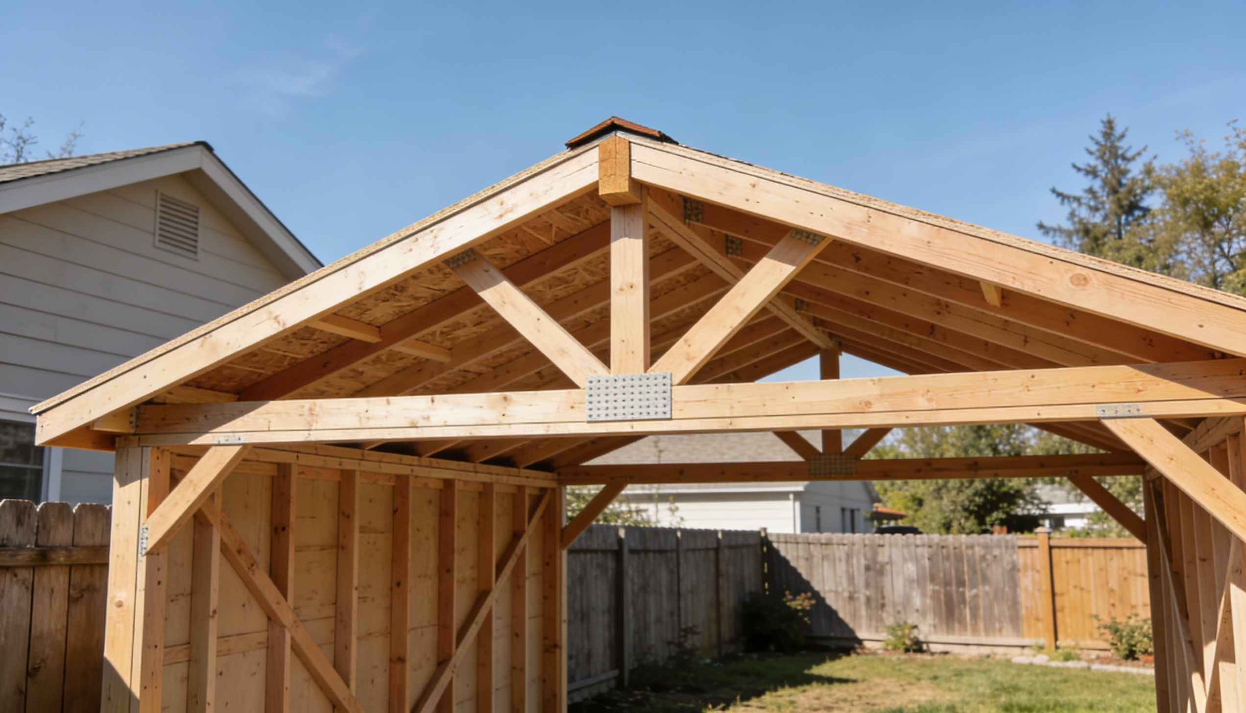 A newly built wooden shed roof with open gable trusses and ridge beam stands in a backyard on a clear sunny day