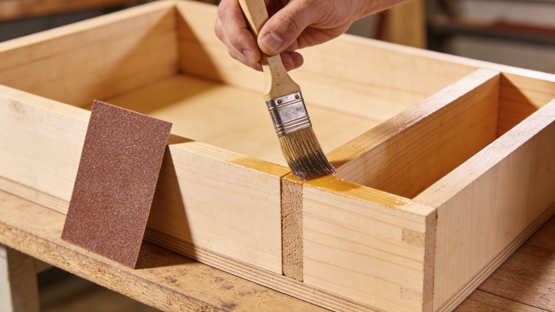 A person applying wood sealant on an assembled planter box with a brush.