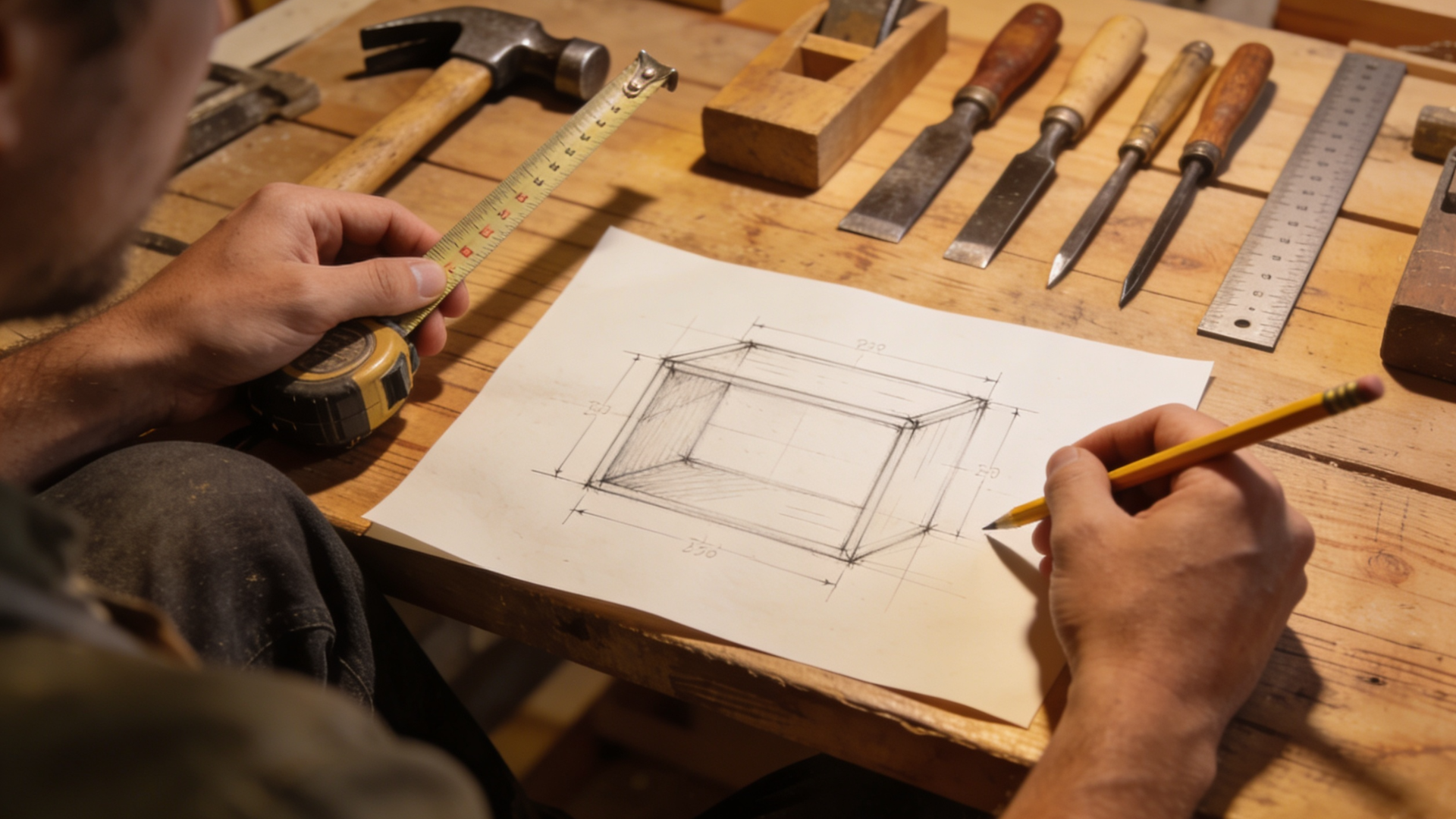 A person measuring and sketching planter box dimensions at a workbench.