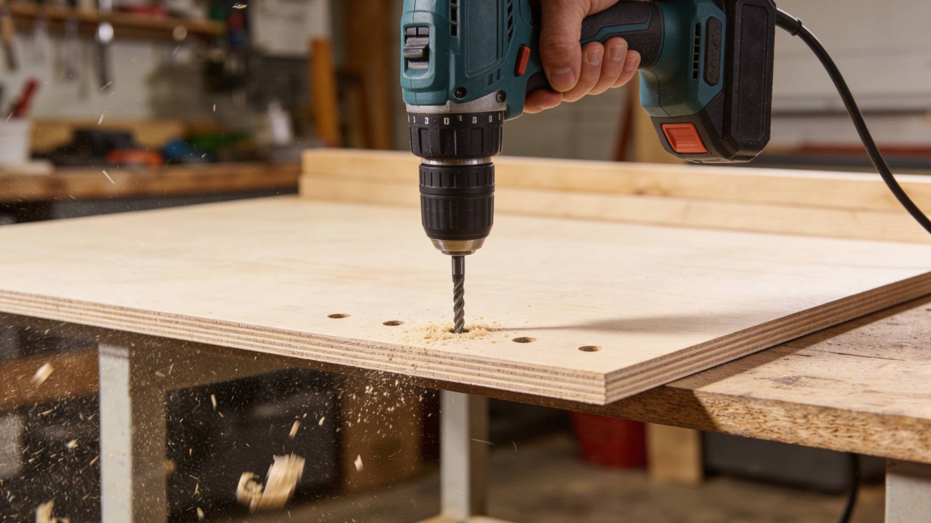 _A power drill making drainage holes in a wooden panel on a workbench.