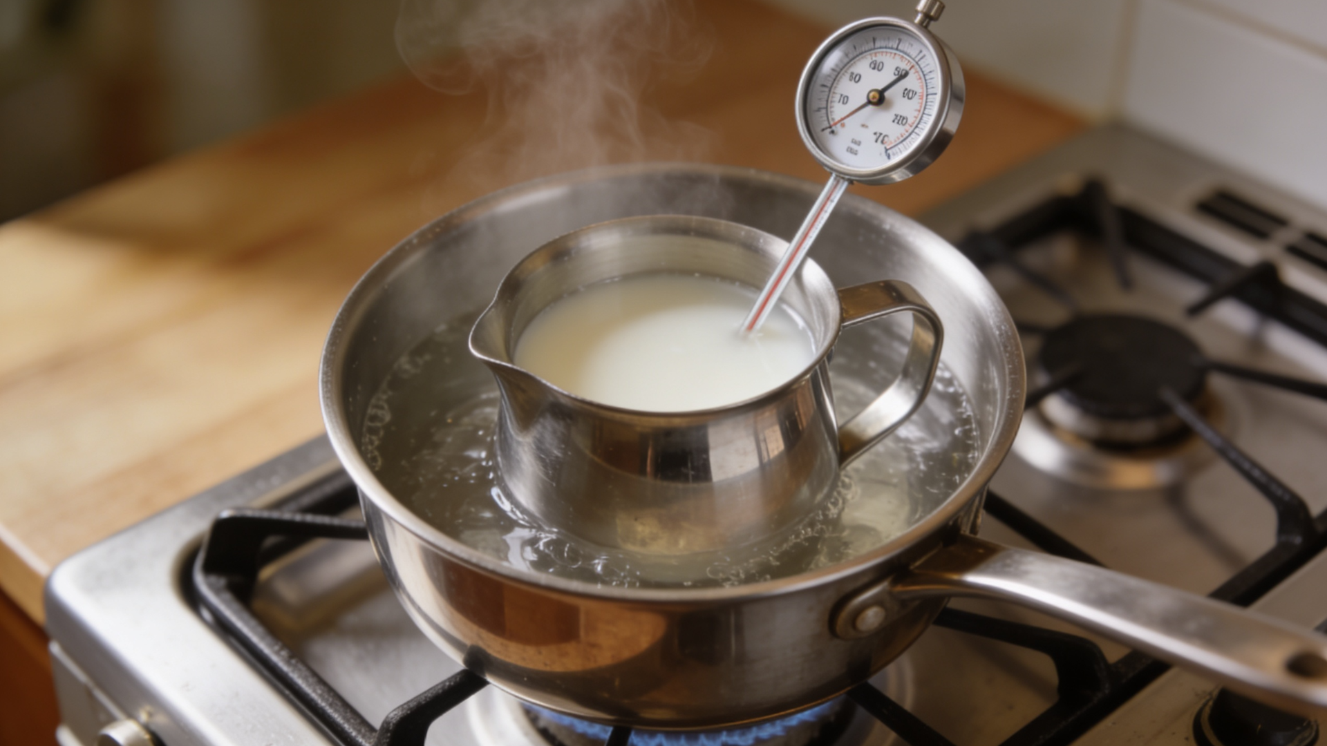 A stainless steel pitcher of melting wax sitting in a pot of simmering water on a stove, with a thermometer showing the temperature between 160–180°F. (1)