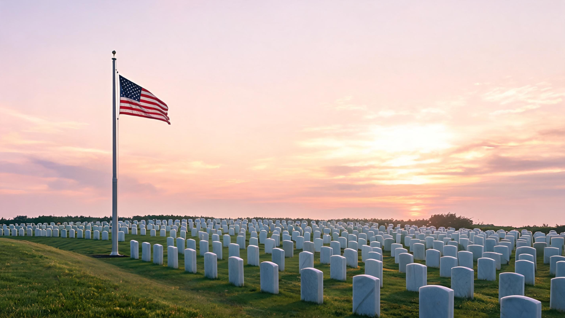American flag at half-staff beside military graves at sunrise showing a quiet and respectful Memorial Day scene