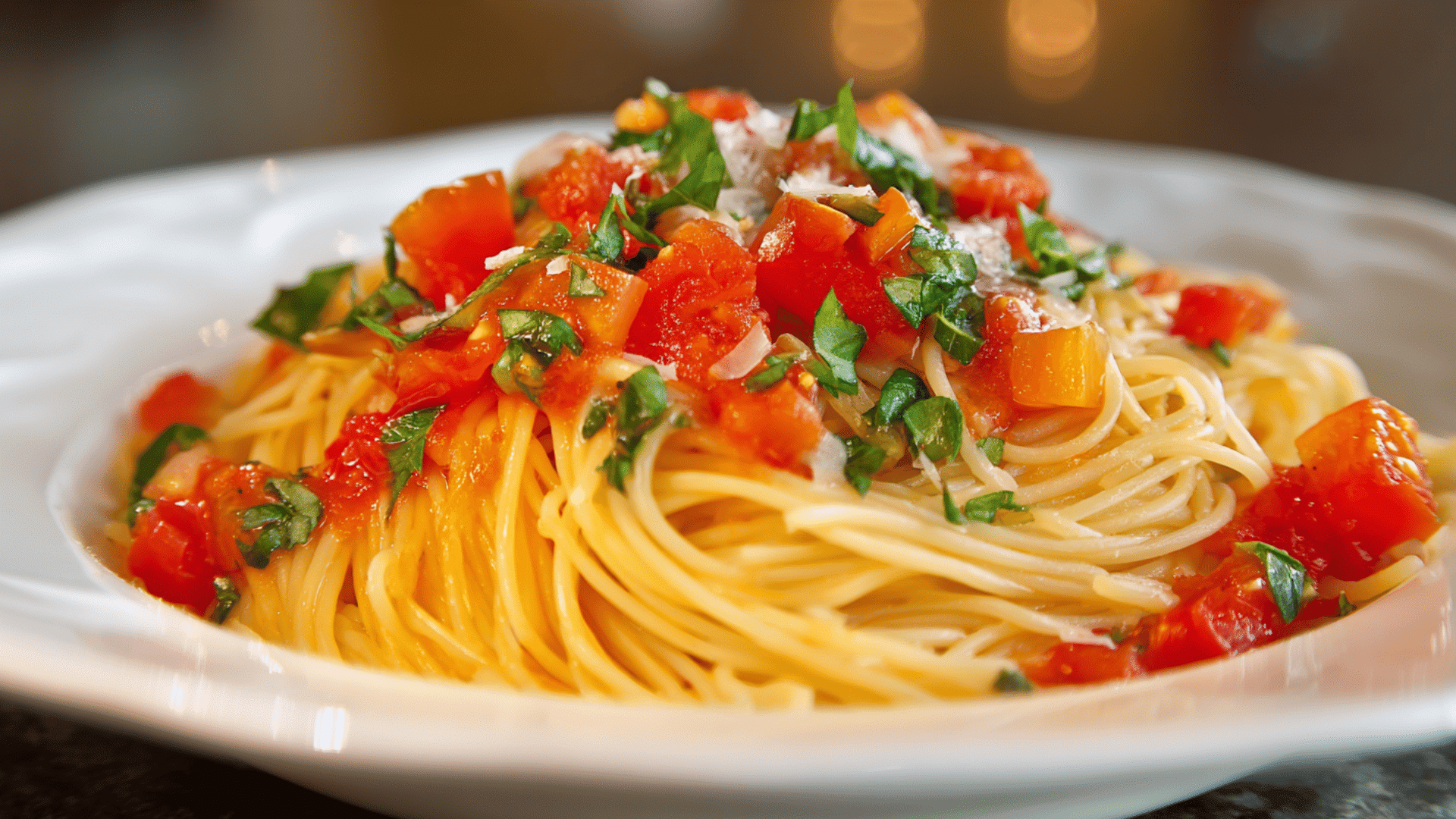 Angel hair pasta pomodoro with fresh tomato sauce, garlic, and herbs served in a white bowl. (1)