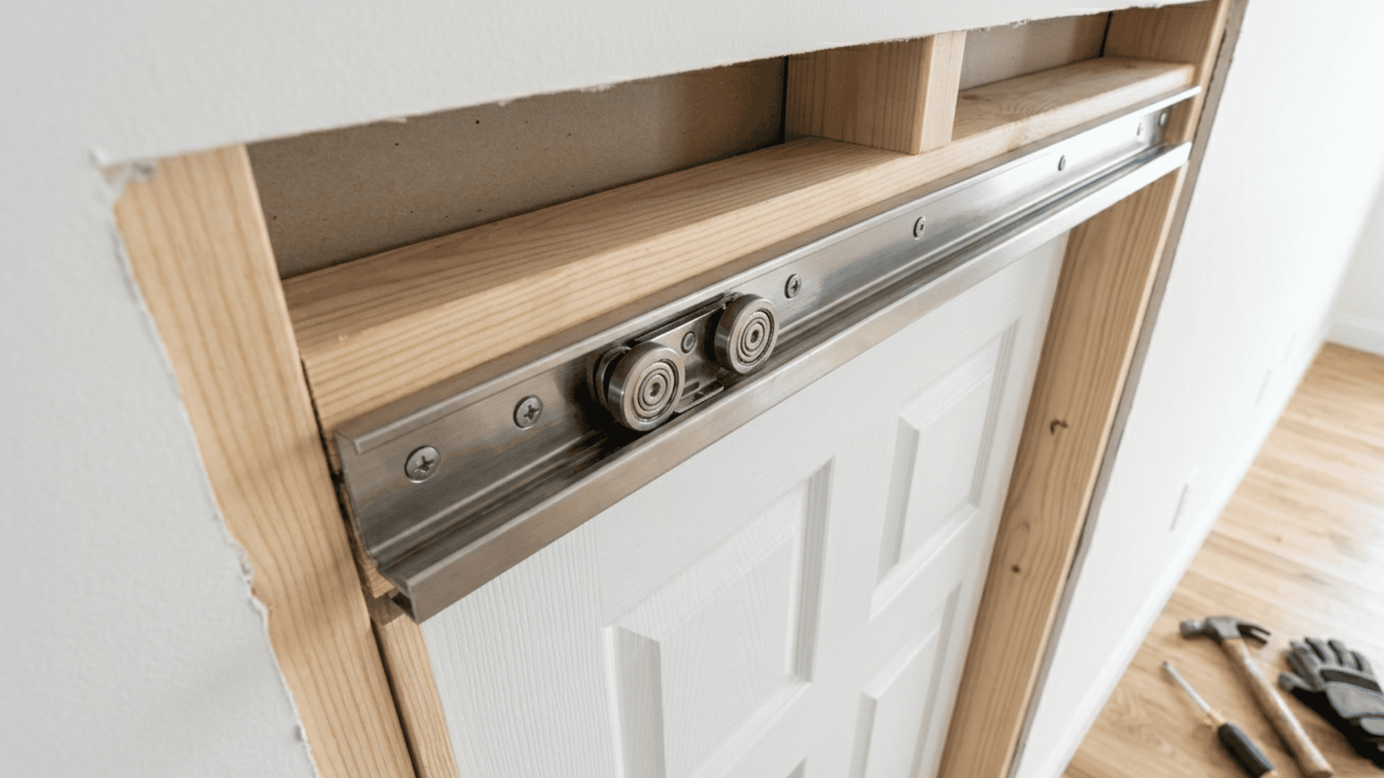 Attaching the sliding track hardware inside the pocket door frame