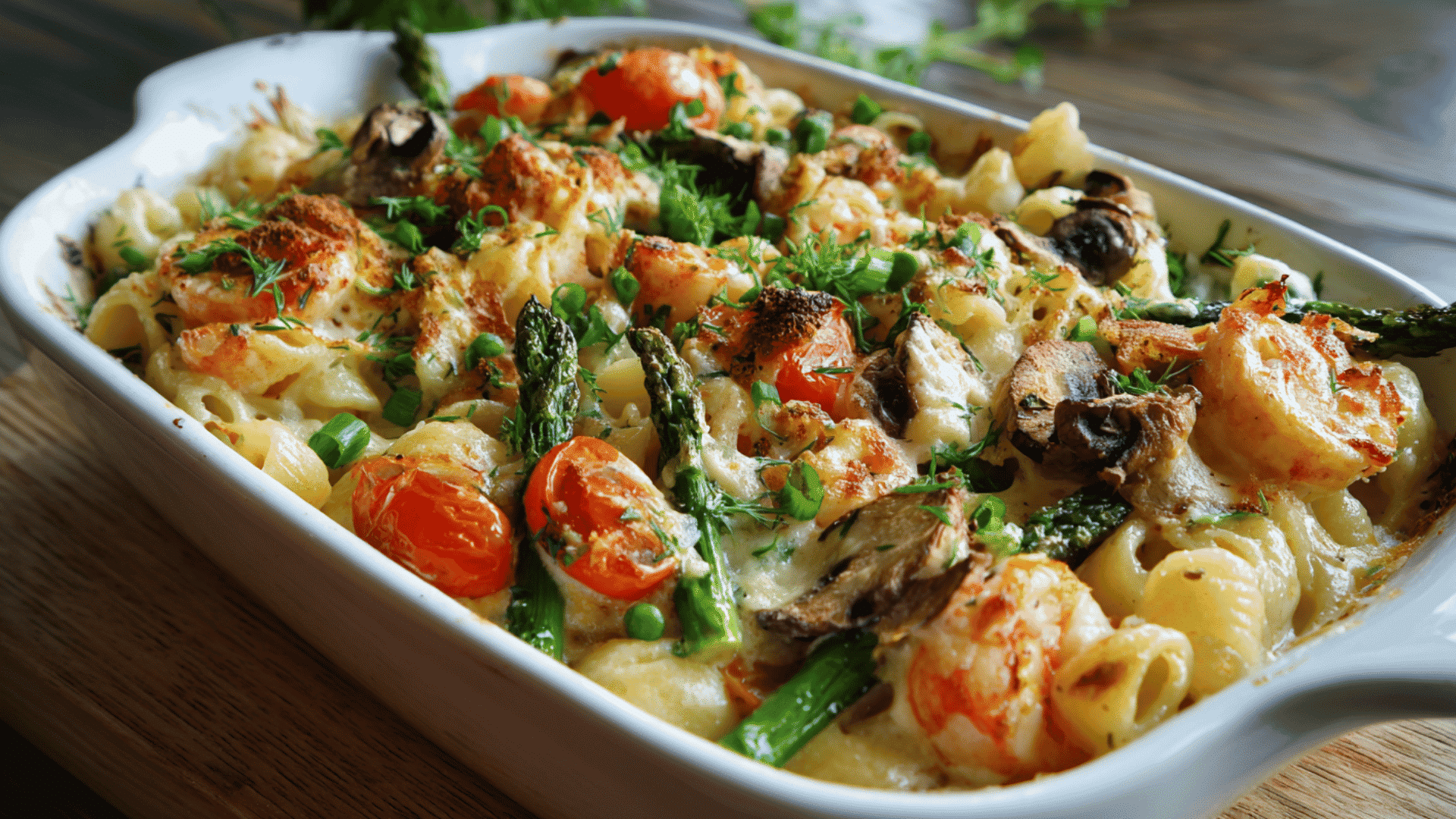 Baked pasta with spring vegetables, melted cheese, and herbs served fresh from a casserole dish.