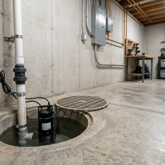 Basement sump pump installed in a pit with visible piping and drainage system in a home setting