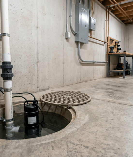 Basement sump pump installed in a pit with visible piping and drainage system in a home setting