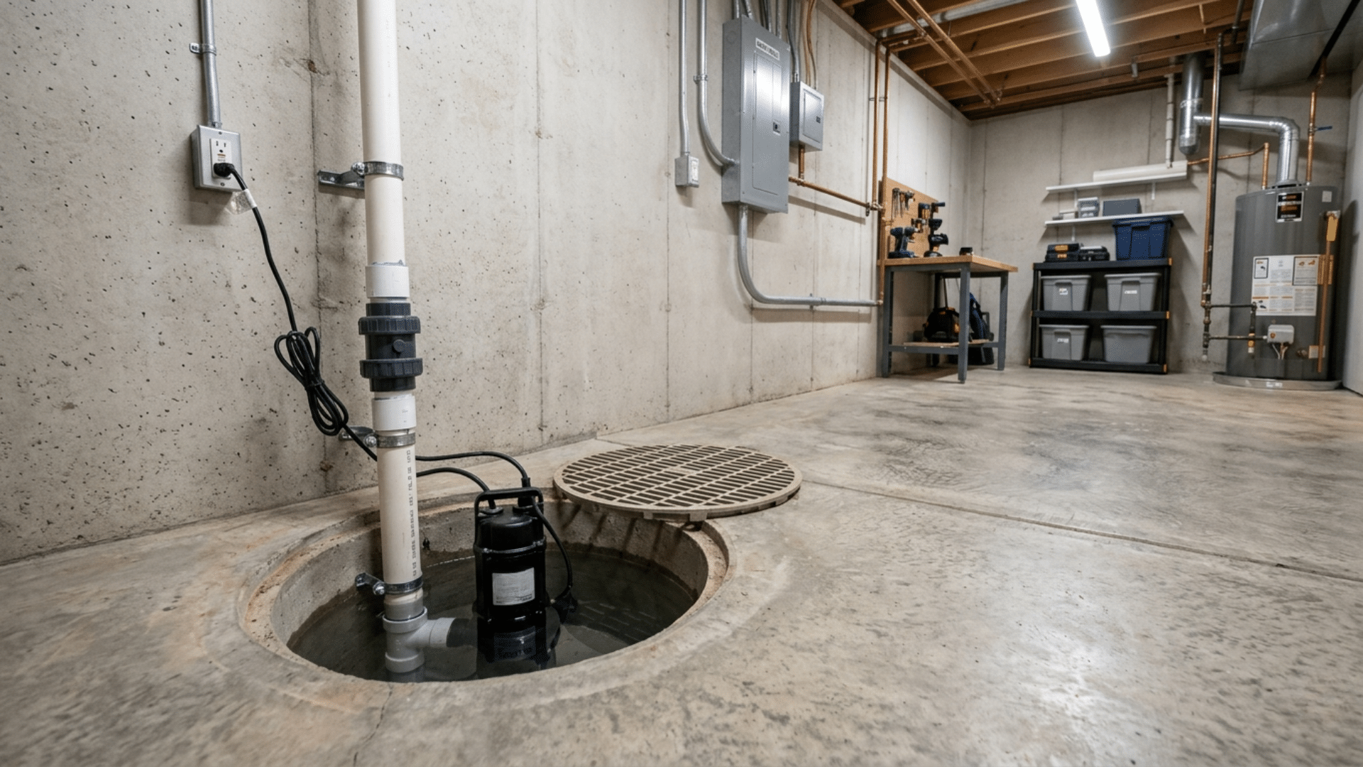 Basement sump pump installed in a pit with visible piping and drainage system in a home setting