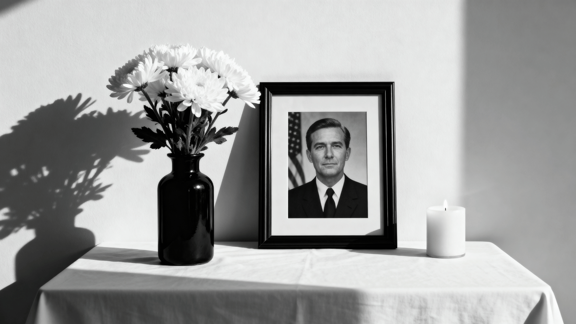 Black and white Memorial Day decor with flowers and candle
