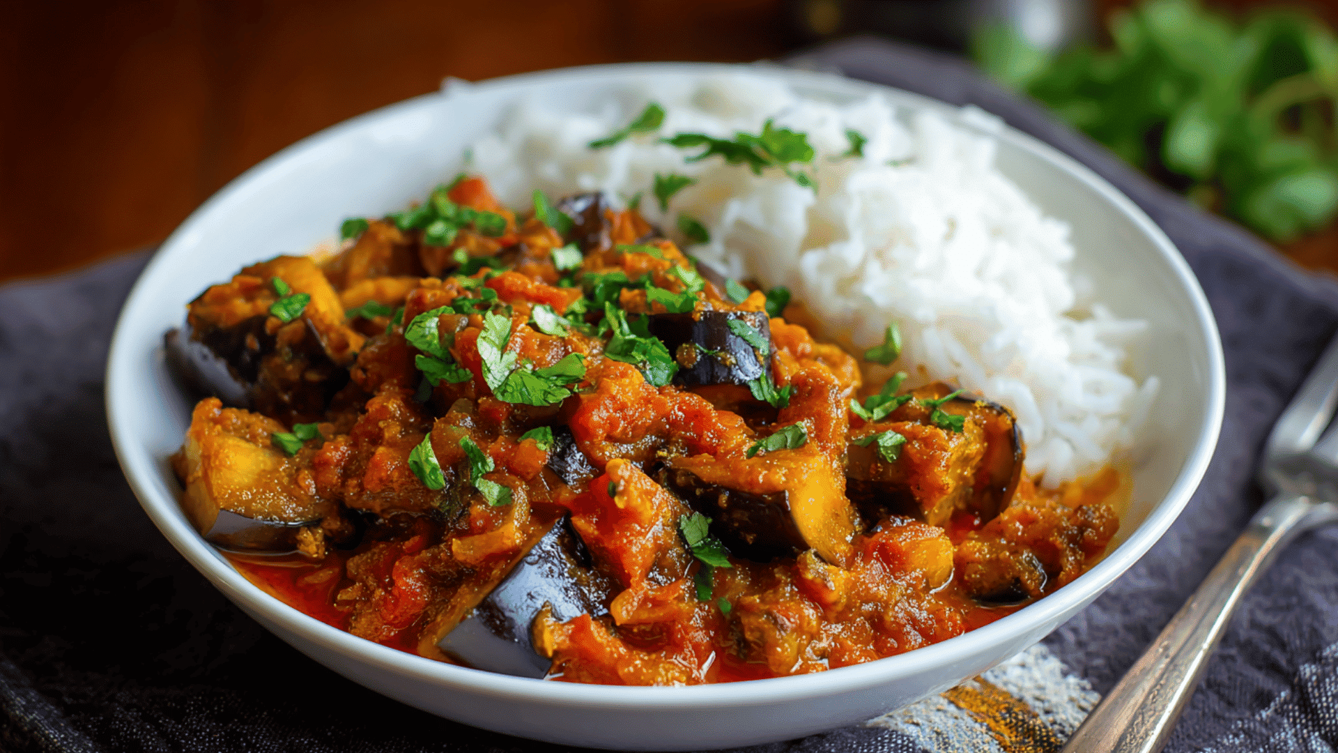 Bowl of eggplant curry with rich sauce and spices served with rice for a homemade dinner. (1)
