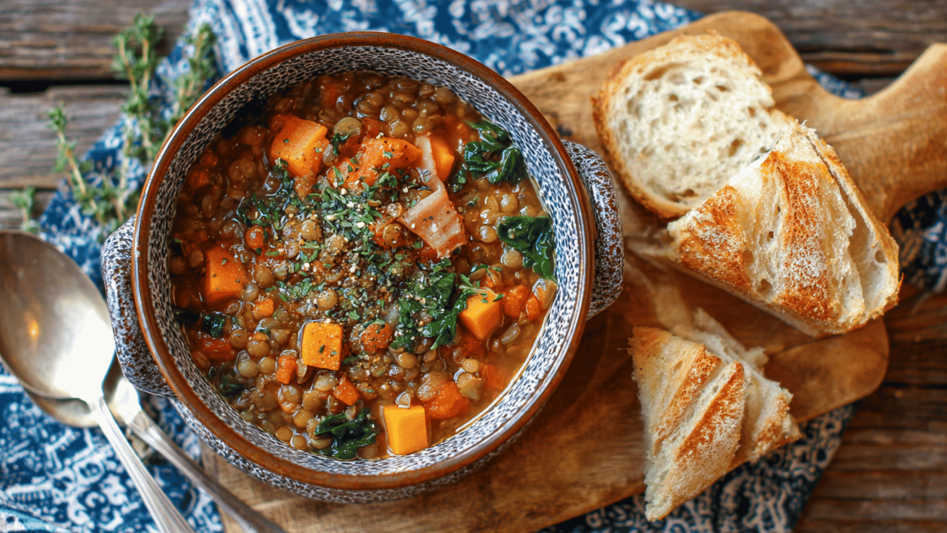 Bowl of ham and lentil soup with vegetables and herbs served warm for a hearty homemade dinner. (2)