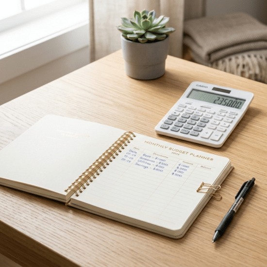Budget planner notebook with calculator, pen, and notes arranged neatly on a clean desk at home