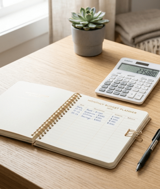 Budget planner notebook with calculator, pen, and notes arranged neatly on a clean desk at home