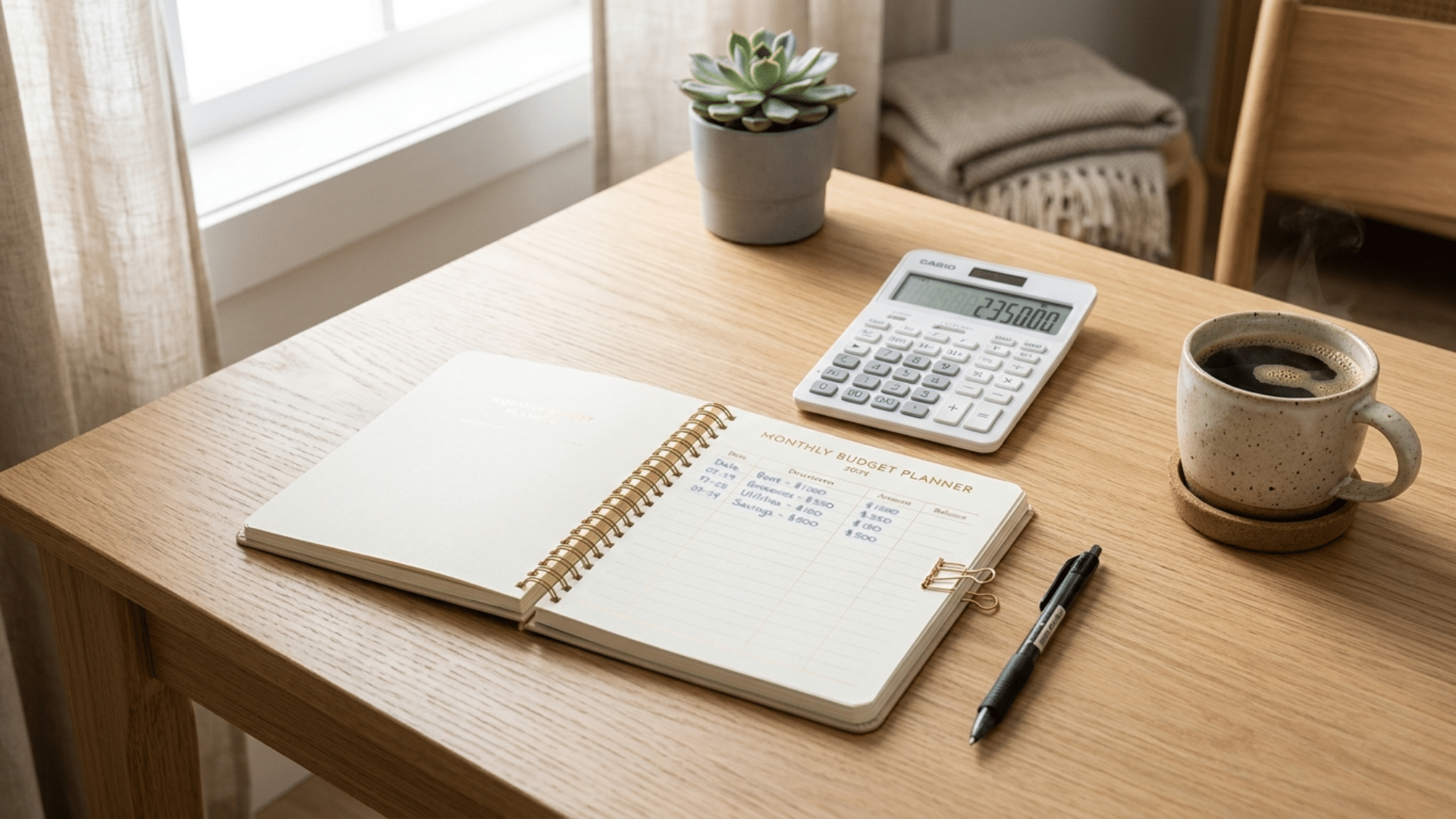 Budget planner notebook with calculator, pen, and notes arranged neatly on a clean desk at home