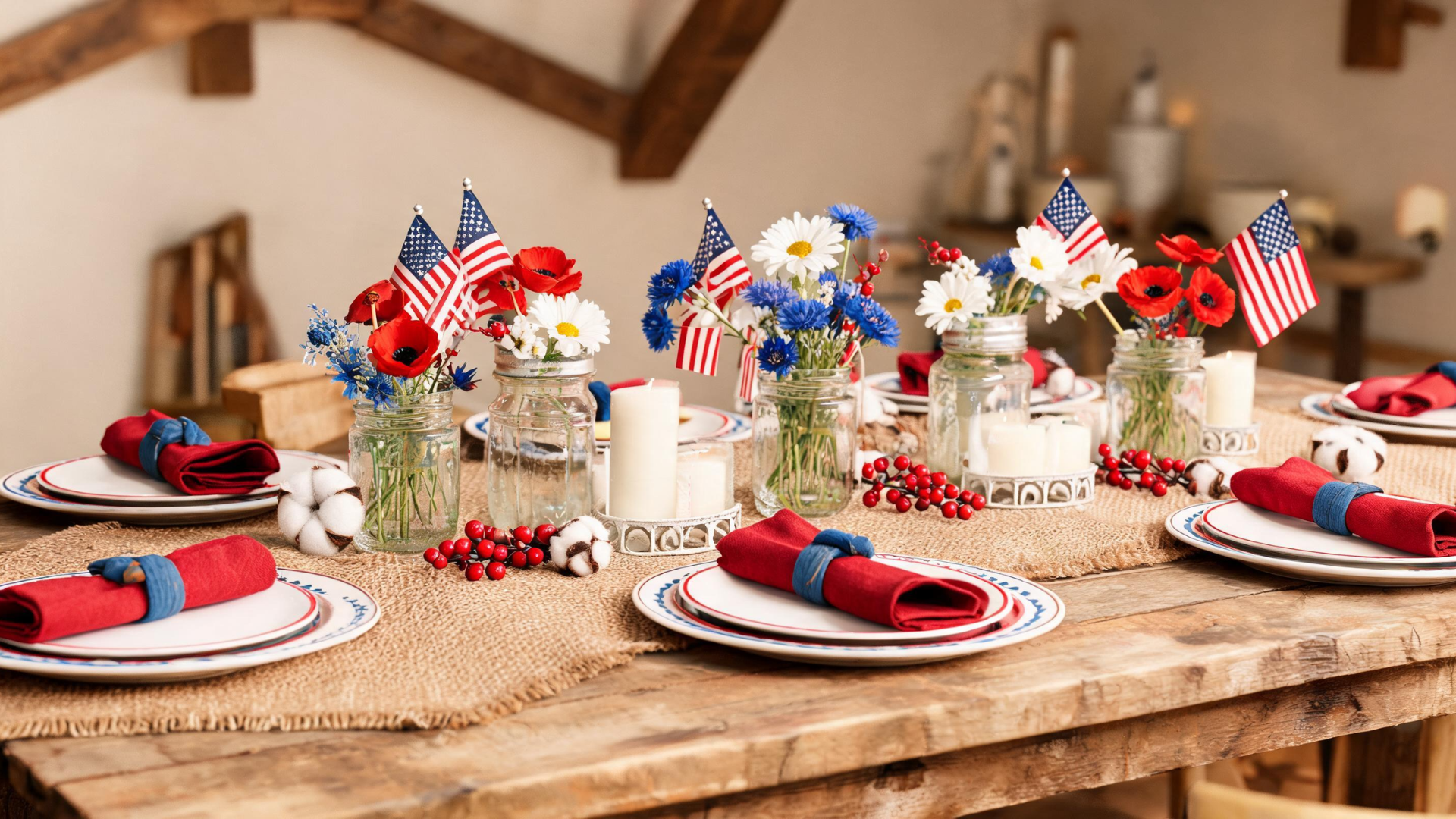 Burlap table setup with red white and blue accents creating a rustic patriotic look