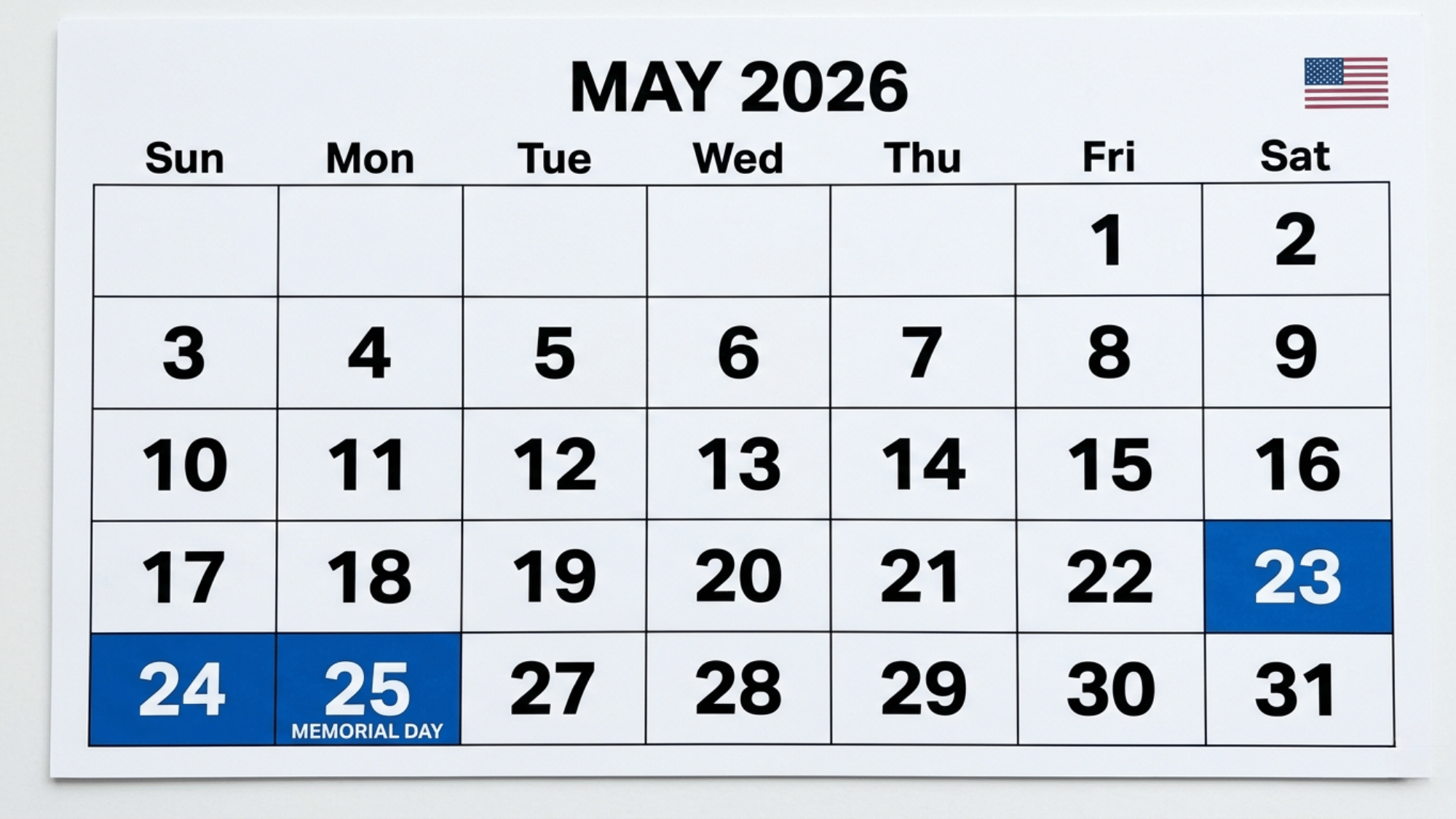Calendar showing Memorial Day weekend 2026 dates May 23 to May 25 clearly marked