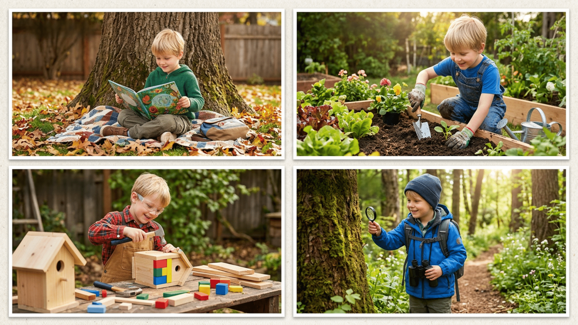 Child engaged in diverse activities like reading, gardening, and outdoor exploration as part of learning