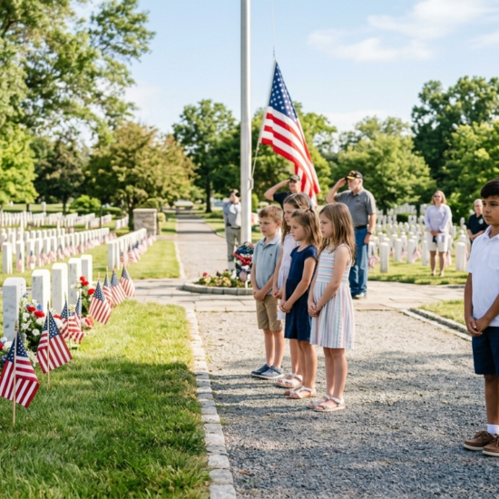 Children observing Memorial Day with flags in a calm outdoor setting, showing respect and remembrance
