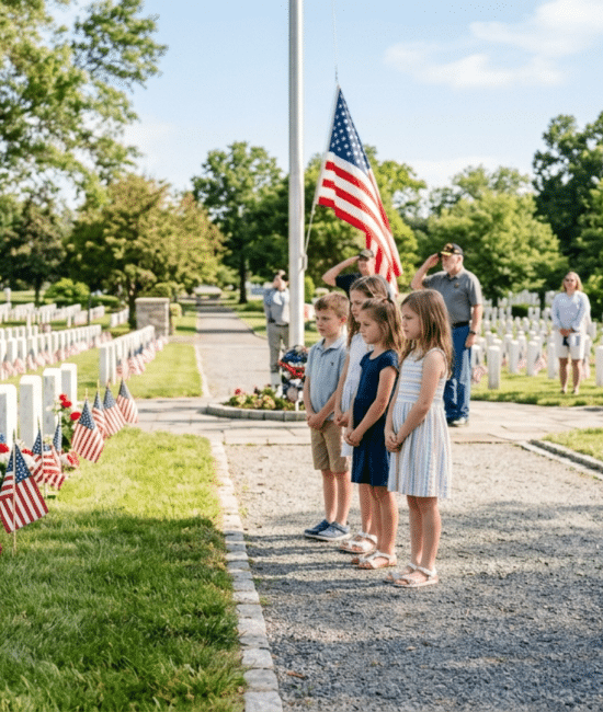 Children observing Memorial Day with flags in a calm outdoor setting, showing respect and remembrance