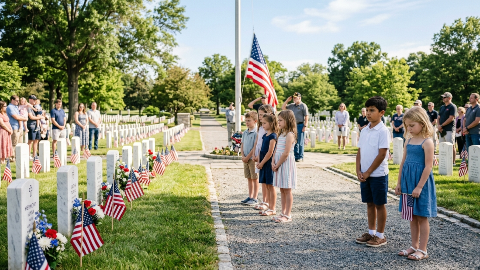 Children observing Memorial Day with flags in a calm outdoor setting, showing respect and remembrance