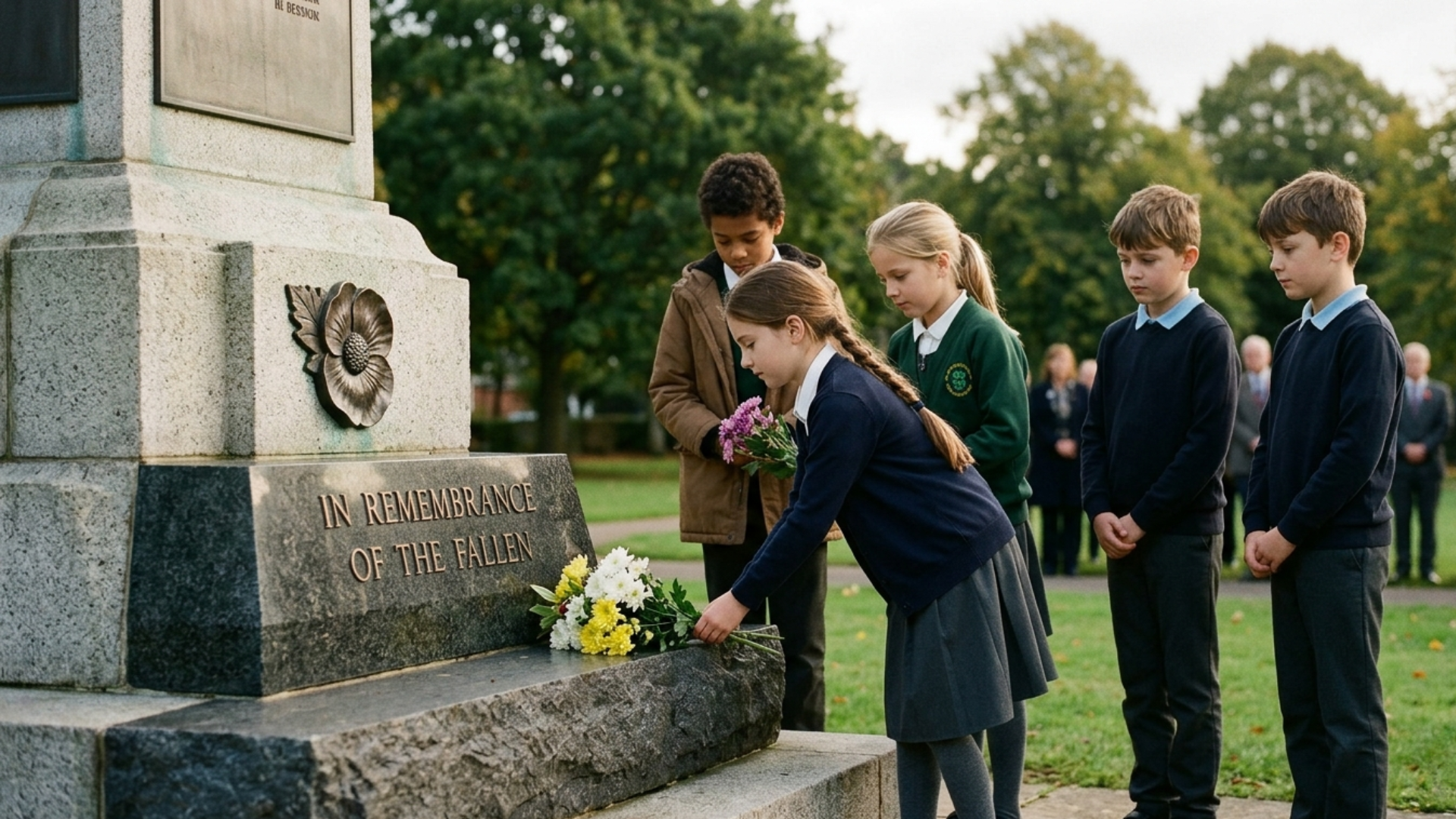 Children placing flowers at a memorial to honor soldiers and take part in Memorial Day traditions