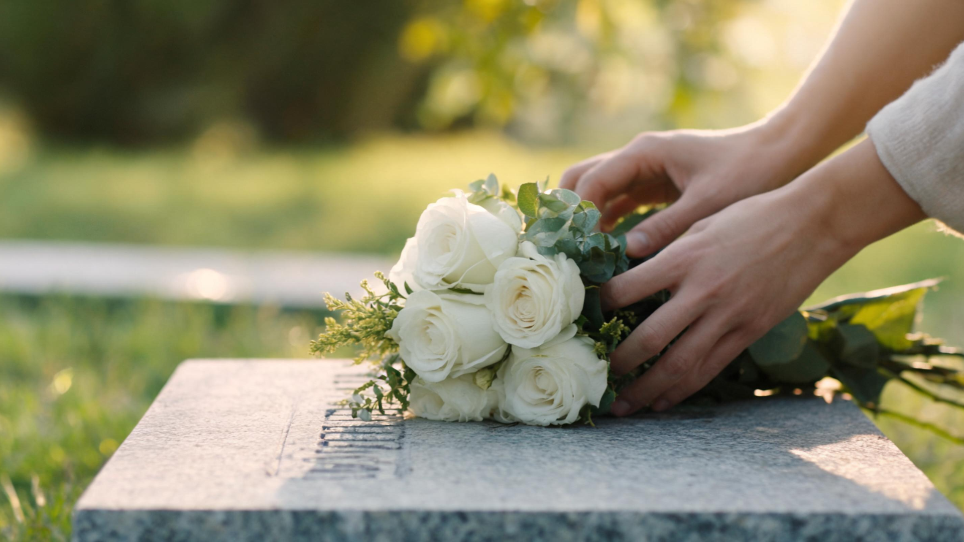 Close-up of hands placing flowers on a grave with soft lighting and blurred background