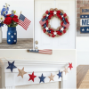 Collage of Memorial Day decorations including jars, wreath, garland, balloons, and table decor