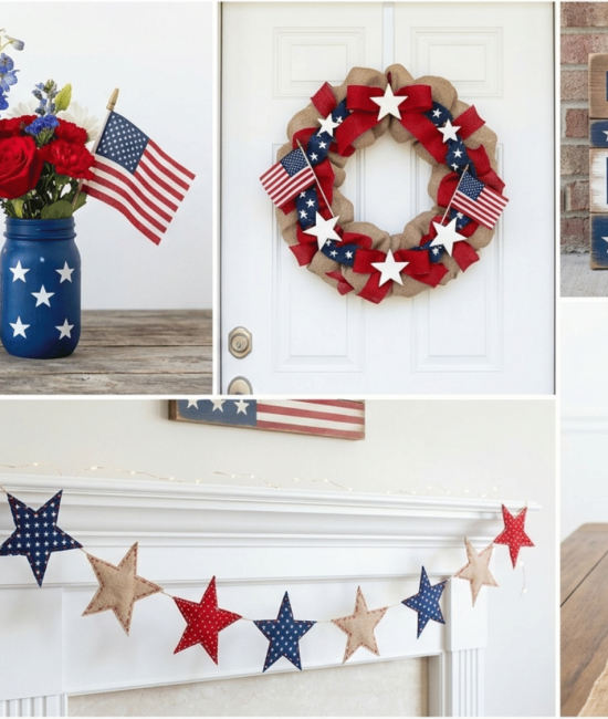 Collage of Memorial Day decorations including jars, wreath, garland, balloons, and table decor