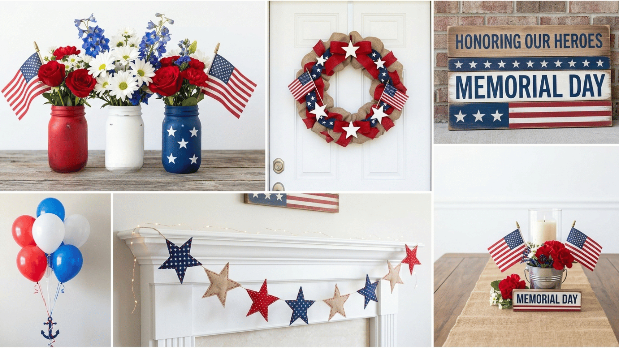 Collage of Memorial Day decorations including jars, wreath, garland, balloons, and table decor