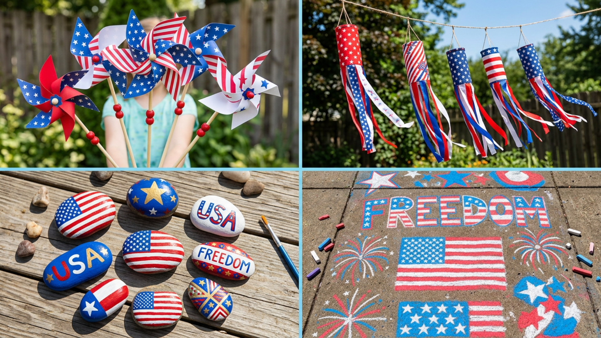 Collage of outdoor crafts like pinwheels painted rocks and chalk art in red white and blue