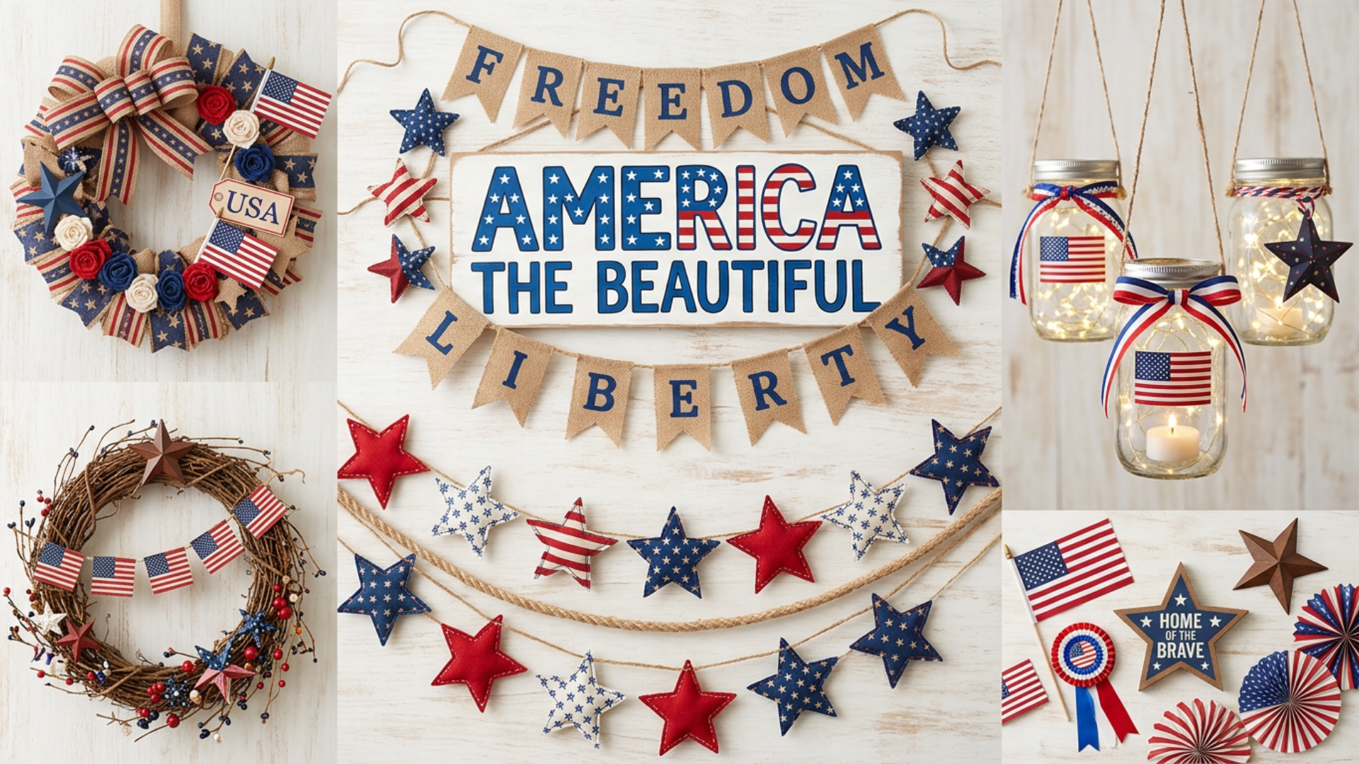 Collage of patriotic decorations like wreaths banners and lanterns in red white and blue theme