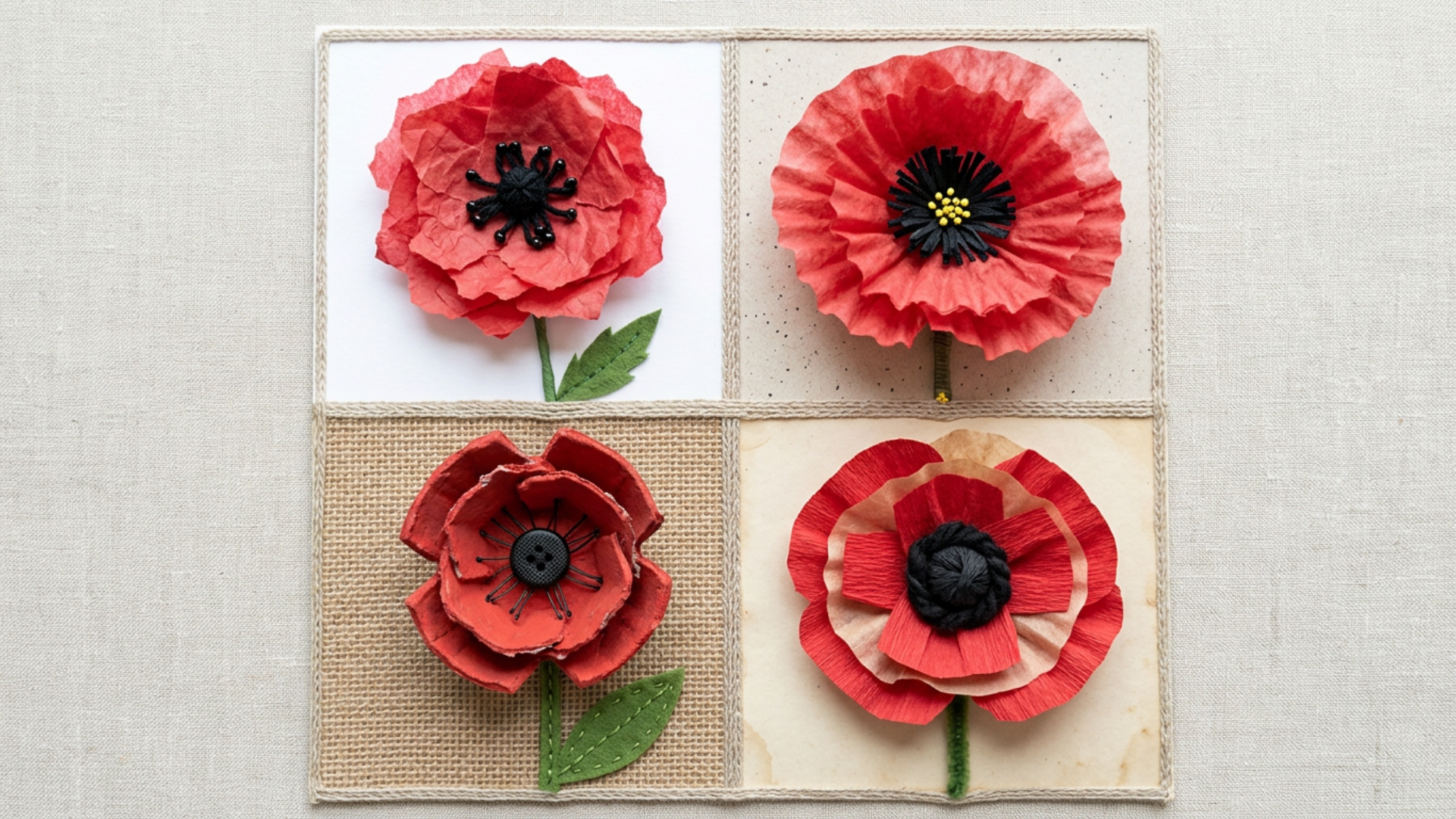Collage of red poppy crafts made from paper and recycled materials for Memorial Day decoration