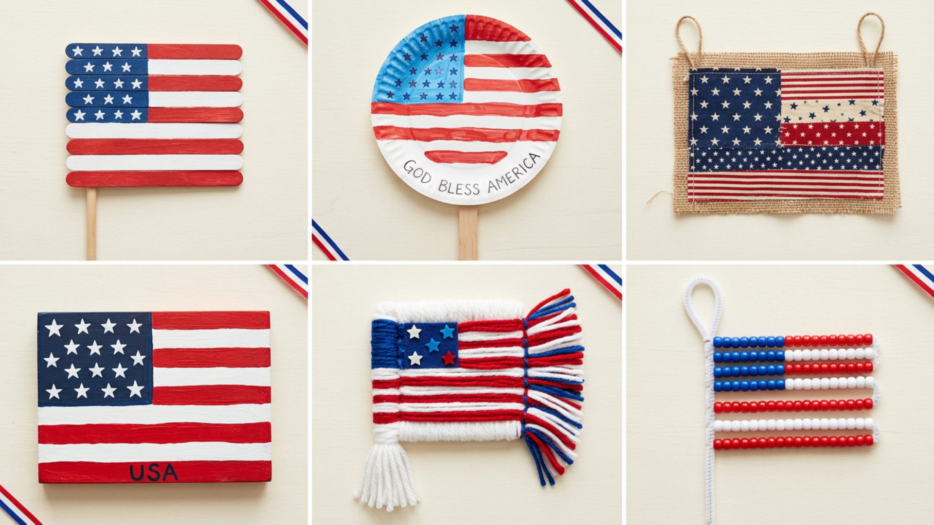 Collage of simple American flag crafts using paper, paint, and sticks in red white and blue colors