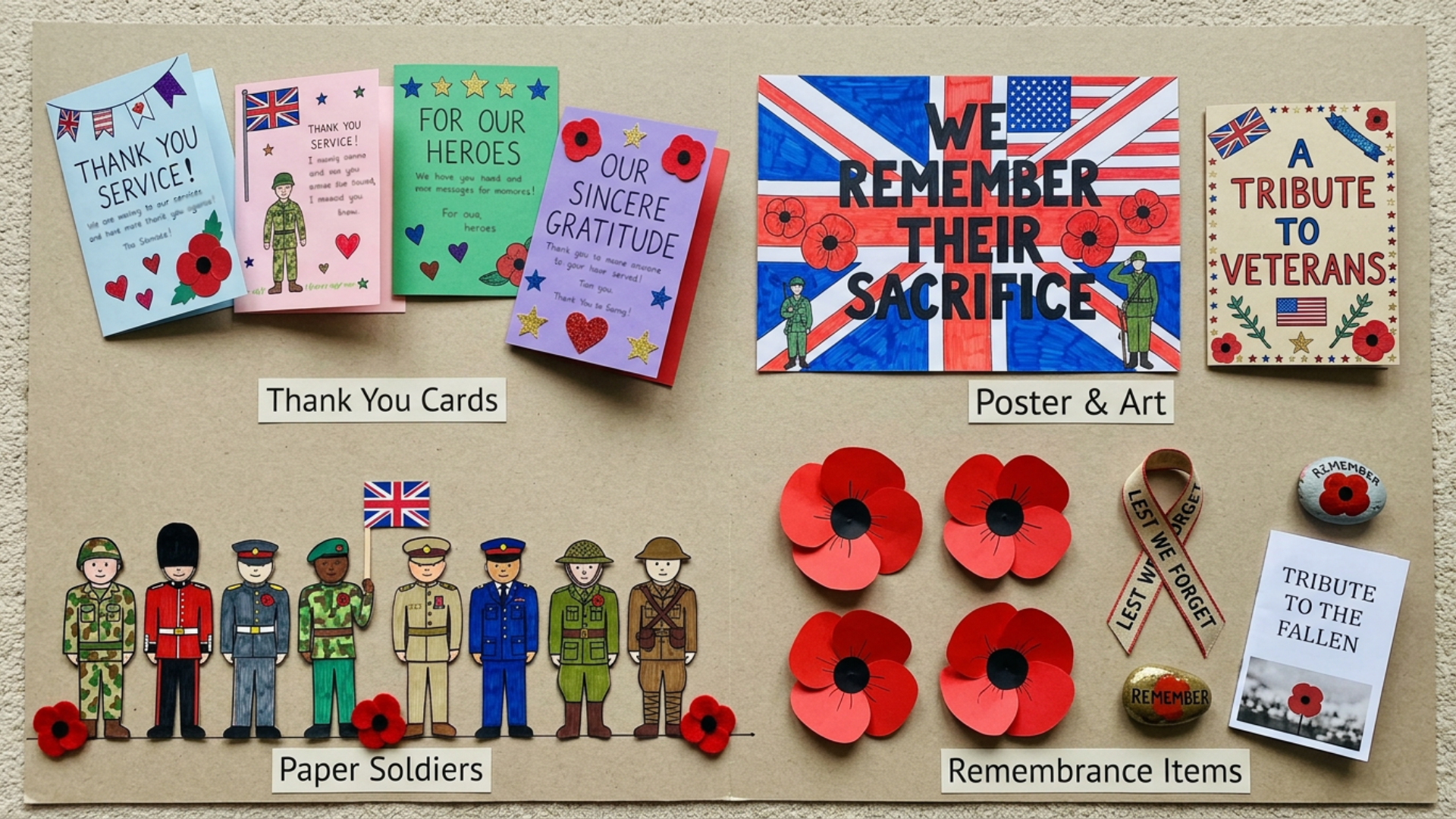 Collage of tribute crafts like paper soldiers cards and posters for Memorial Day remembrance