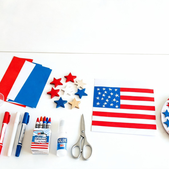 Collection of Memorial Day crafts including flags and art supplies arranged on a table