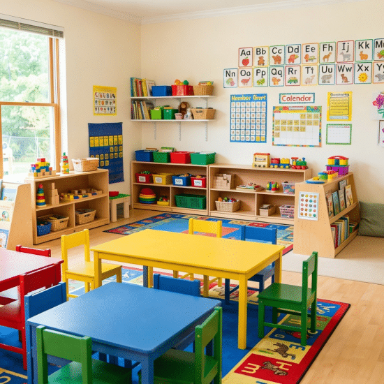 Colorful preschool classroom setup with toys, learning materials, and bright educational displays