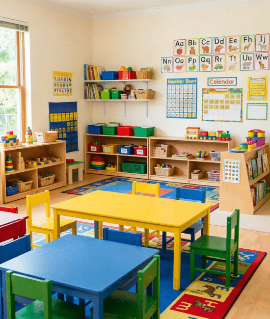 Colorful preschool classroom setup with toys, learning materials, and bright educational displays