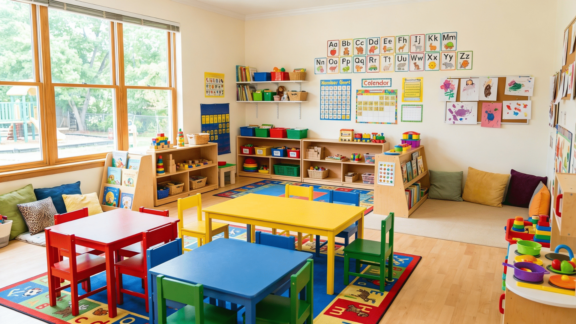 Colorful preschool classroom setup with toys, learning materials, and bright educational displays