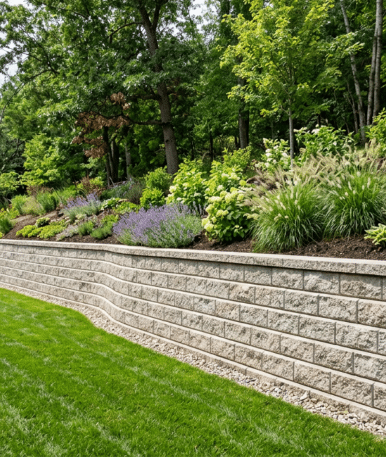 Concrete block retaining wall holding back soil on a sloped backyard with clean landscaping and level ground