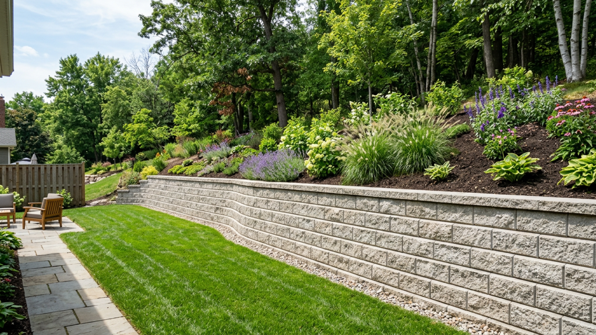 Concrete block retaining wall holding back soil on a sloped backyard with clean landscaping and level ground