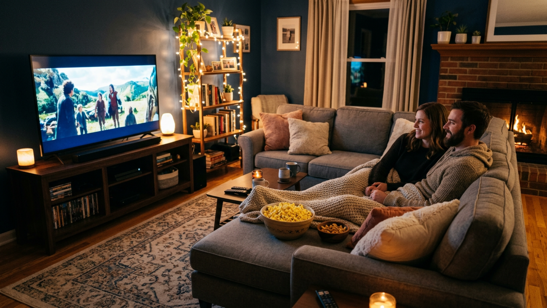 Cozy living room setup with popcorn and TV ready for a relaxing Memorial Day movie night